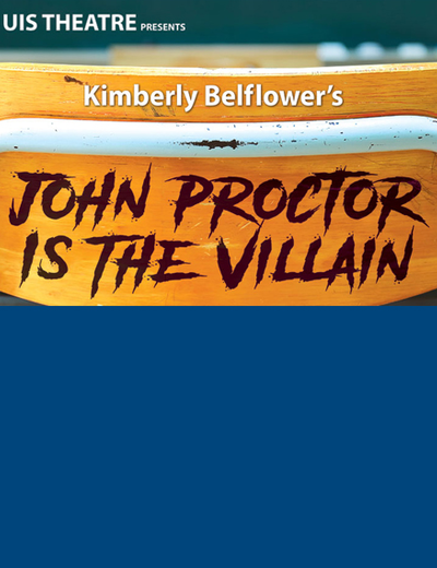 Graphic showing the back of a wooden school chair. The graphic contains the text "Kimberly Belflower's John Proctor is the Villain."